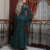 2022 New Arrival Green Sexy Party Wear Dress Long Sleeve Mermaid Prom Dress Sequin Beaded Lace Evening Dress Wedding Toast Robe