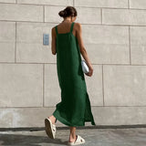 Green Tank Dresses Summer Cotton Linen Sleeveless Straight Split Dress 2023 All-Match Midi Dress Vacation Style Dress Vestidos