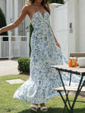 Women's Summer Chiffon Halter V Neck Sleeveless Floral Flowy A Line Maxi Dress Boho Backless Tiered Swing Long Beach Dresses