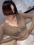 Spring and Autumn Golden Silver V-Neck Sexy Sparkling Yarn Thread Knitted Pearl Button Cardigan for Women