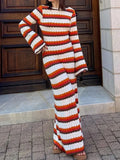 Striped Knitted Long Dress Women O-neck Backless Hollowed Out Long Sleeves Lady Bodycon Dress 2024 Spring Summer Vacation Robe