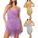 Women Sequin Fringe Mini Dress Sling Tassel Hem Sparkly Spaghetti Strap Backless Bodycon Elegant Cocktail Party Short Dress Y2K