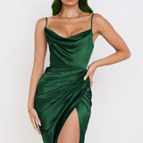New Asia Ruched Satin Summer Dress Drawstring Spaghetti Straps Cowl Neck Backless Long Dresses for Women Party Sexy Vestidos