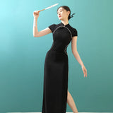 Stand Collar Black Cheongsam For Women Qipao dress long Woman Qipao Chinese Traditional Cheongsam Dress Sexy Short Sleeve Qipao