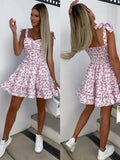 2023 Summer Fashion Short Boho Dress Women Mini Floral Print Dress Female Sleeveless Hanging Belt Printed Waist Folded Dress