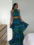 Printed Halter Top & Ruffles Dresses Waist Patchwork Fashion Crop Pullover Long Skirts 2024 Spring Summer Holiday Dress Bohe