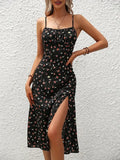 2024 Women Floral Print Spaghetti Straps Summer Boho Beach Dress Print Elegant  Suspenders Square Neck Slit Dress Vestidos