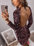 Sexy Women Sequined Mini Dress Long Sleeve Backless Casual Dresses O Neck Bodycon Backless Party Club New Year Dress Vestidos