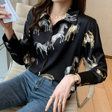 Women Spring Shirt Horse Print Lapel Single-breasted Long Sleeves Lady Shirt Loose OL Style Age Reducing Women Blouse For Work