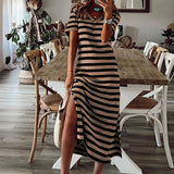 Women Oversized Long Dress Vintage Short Sleeve Striped Maxi Split Floral Dress Casual T Shirt Dress Summer Loose Beach Sundress
