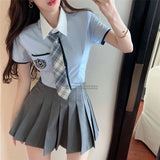 Japanese Korean Student Uniform Set College Style JK School Uniform Short Sleeved Blue Shirt Tie High Waisted Pleated Skirt Gray