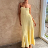 Knitted Pleated Long Dress High Waist Midi Sling Dress Elegant Sleeveless Yellow Dress Women Streetwear Black Bodycon Dress