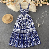 Women's V-Neck Red Blue and White Print Spaghetti Strap Holiday Maxi Dress Summer Runway Floral Print Vacation Long Robes