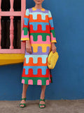 Long Sleeve Split Vestidos Female Causal Vacation Outfits 2023 Fashion Contrast Color Patchwork Loose Midi Dress Women O Neck