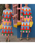 Long Sleeve Split Vestidos Female Causal Vacation Outfits 2023 Fashion Contrast Color Patchwork Loose Midi Dress Women O Neck