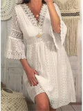 2024 Elegant Women White Hollow Lace Splicing Mini Dress Spring Summer V-neck Three Quarter Sleeve Ladies Vacation Beach Dresses