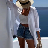 Beach Wear Women 2024 Spring Geometric Eye Sequin Top Casual Long Sleeve Loose Shirts Summer Turn-down Collar Button Long Blouse