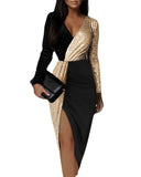 Sexy Very Elegant Black Luxury Prom Sequins Cocktail Party Evening Chic Dresses Women Long Sleeve V-neck Bodycon Dress Clothes