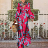 Women Long Dress Flared Sleeve Floral Printed Slim Fit 2023 Spring Summer Female Robes Sexy Maxi Dress Vacation Dresses