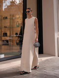 2024 Summer Elegant White Maxi Dress Women Solid O-neck Sleeveless Button Split Dresses Female Beach Vacation Party Vestidos