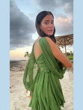 Women Sexy Green Pleated Mini Dress Summer Fashion V-neck Split Long Sleeve A-line Dresses 2024 Casual Lady Beach Vestidos
