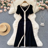 Vintage Elegant Short Sleeve Stretch Knit Slim Dress French Fashion Casual Vestidos A-line Basic Autumn Winter Sweater Dresses