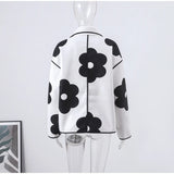 Stand Collar Women Printed Patchwork Jackets Fashion Black Flower Button-up Lady Coat Long Sleeves Autumn Outerwear 2023 New