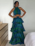 Printed Halter Top & Ruffles Dresses Waist Patchwork Fashion Crop Pullover Long Skirts 2024 Spring Summer Holiday Dress Bohe