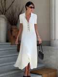 Tossy White Knit Fashion Maxi Dress For Women Short Sleeve Patchwork Elegant Party Dress Lapel High Waist Knitwear Women's Dress