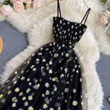 Korean Fashion Daisy Flower Print Mesh Party Dress Summer Two Layers Spaghetti Strap Vacation Midi Dress Beach Vestidos