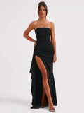 Mozision Strapless Backless High Split Maxi Dress For Women Black Off-shoulder Sleeveless Bodycon Club Party Long Dress Clothes