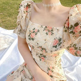 Side High Slit Bubble Sleeve Floral Dress For Women'S French Tea Break Medium Length Square Neck Slim Fit Dress Party Gift