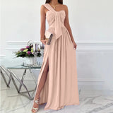 Dresses For Women 2024 One Shoulder Sleeveless Wrap Ruched High Split Long Dresses Lace Up Cocktail Wedding Maxi Party Dresses