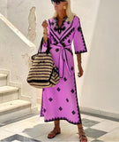 Women's Print Vacation A-line Shirt Dress, V Collar Belt, Half Sleeve, Bohemian Style Hemp Dresses, Home Robe, Fashion, 2023