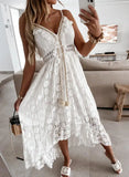 2024 Women's New Lace Dress V Neck Lace-up Cotton Regular Fit Sweet Maxi Dress Irregular Length Tassel Vacation Robes Mujer Boho