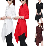 Women Shirt Long Sleeve  Irregular Tied Belts Lady Shirt Loose Commute Mild-length Dressing Up Polyester Lady Blouse For Female