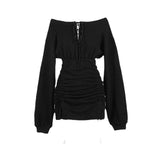 Off Shoulder Long Sleeve Pleated Sheath Dress  Street Style Hot Girl Dress Spring Autumn Sexy Short Party Dresses