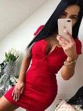Summer Dress Fall Women Sexy Casual Knit Sheath Mini Dresses Ladies Solid V Neck Chest Button Short Sleeve Bodycon Dress