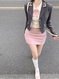Spring 2024 Korean Uniform Set Girls Preppy Style Daily Casual JK Uniform Grey Short Suit Coat Slim Shirt Pink Wrap Hip Skirt