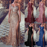 2022  Models  Dresses Women Elegant And Sexy One-shoulder Sleeveless Bronzing Dress Split  Wo