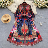 Chic Elegant Print patchwork Long Sleeves Single Breasted Dress A-line High Waist Vacation Party Women French Autumn Vestidos