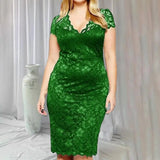 Summer Women See-through Lace Patchwork Mini Dress V-Neck Short Sleeve Slim Fit Plus Size Party Dress Female Clothing