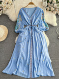 Women Spring Summer Dress Vintage Ethnic Storm Semitic Beach Vacation V-neck Embroidered Waist Slim Mid Length Dress D4107