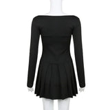 Y2K Black Square Collar Long Sleeve Elegant Lace-up Bow A-line Mini Dress Women Short Dresses Autumn  Aesthetic Clothes Korean