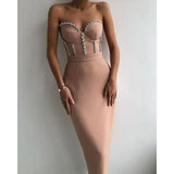 2024 New High-Waist Pink Evening Dress Elegant Midi Dress Tube Top Sequins Solid Color