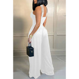 Plus Size White Daily Hollowed Out V Neck Strappy Sleeveless Regular Jumpsuits