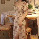 Side High Slit Bubble Sleeve Floral Dress For Women'S French Tea Break Medium Length Square Neck Slim Fit Dress Party Gift