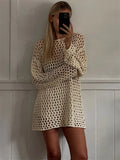 Tossy Knit Hollow Out Cover up Mini Dress For Women See-Through Loose Beach Holiday Clothes Summer Patchwork Knitwear Cover up