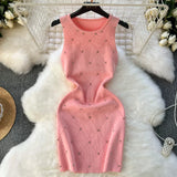 Beading  Summer Women's Knitting Sheath Tank Dress Female Bodycon Knitted Camisole Sleeveless Mini Dresses For Woman Outfits