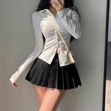 HOUZHOU Pleated Skirt with Shorts Women Sexy High Waist Irregular White Black A-line Gyaru Tennis extreme Mini Skirt School